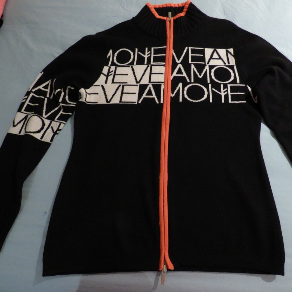 Neve black cardigan, white writing, peach trim US L